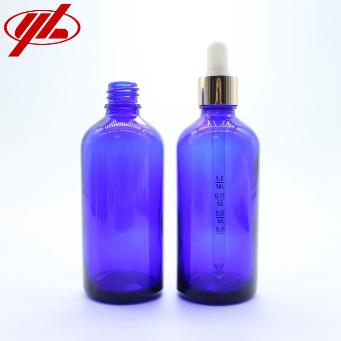100ml Blue Color Cosmetic Essential Oil Glass Bottle Vial Container with Plastic Dropper Caps