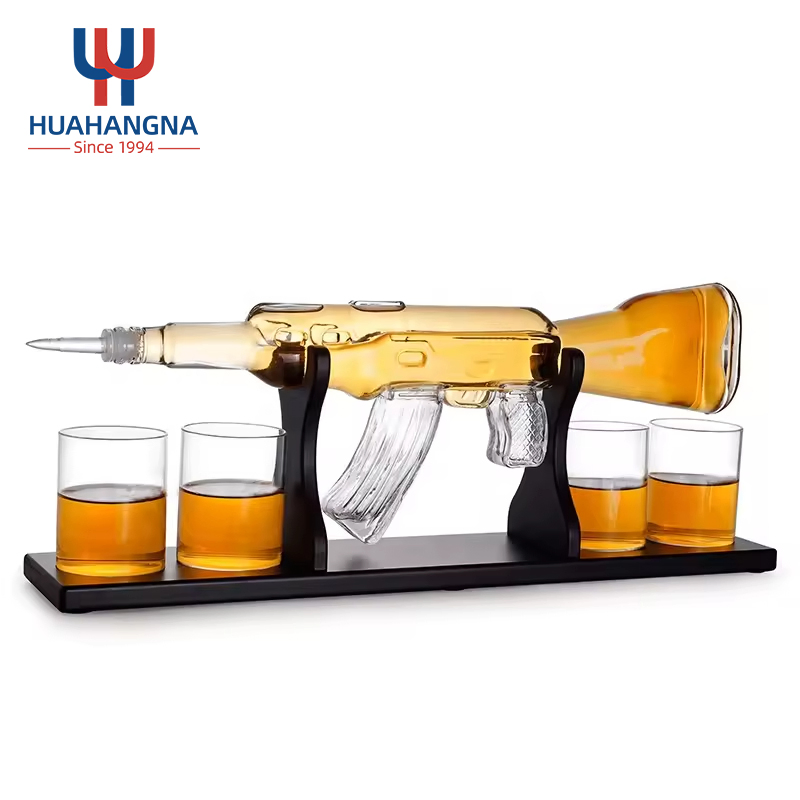 Wine Bourbon Decanter Gift Set Ak 47 Gun Shape Whiskey Home Bar Decor Liquor Dispenser Base with Glass and Wooden Wine Vodka Glass Bottle
